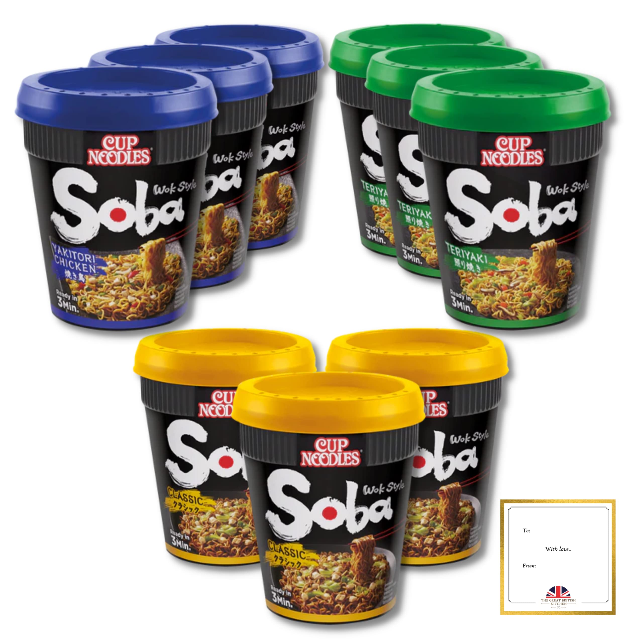 Nissin Soba Noodles - Confezione multipla di 9 coppette per noodles Nissin Soba Classic, pollo Yakitori e Teriyaki, con etichetta regalo TGBK