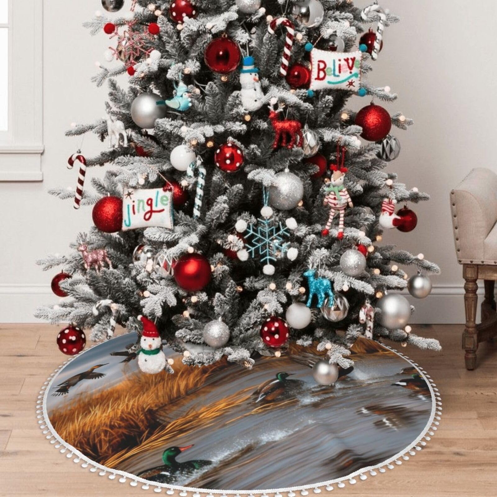 Jagd fliegende Wilde Ente 2 bedruckte Weihnachtsbaumdecke mit Pompon, 122 cm Weihnachtsbaumröcke, Matte, Dekoration für Zuhause, Garten, Büro, Urlaub, Party
