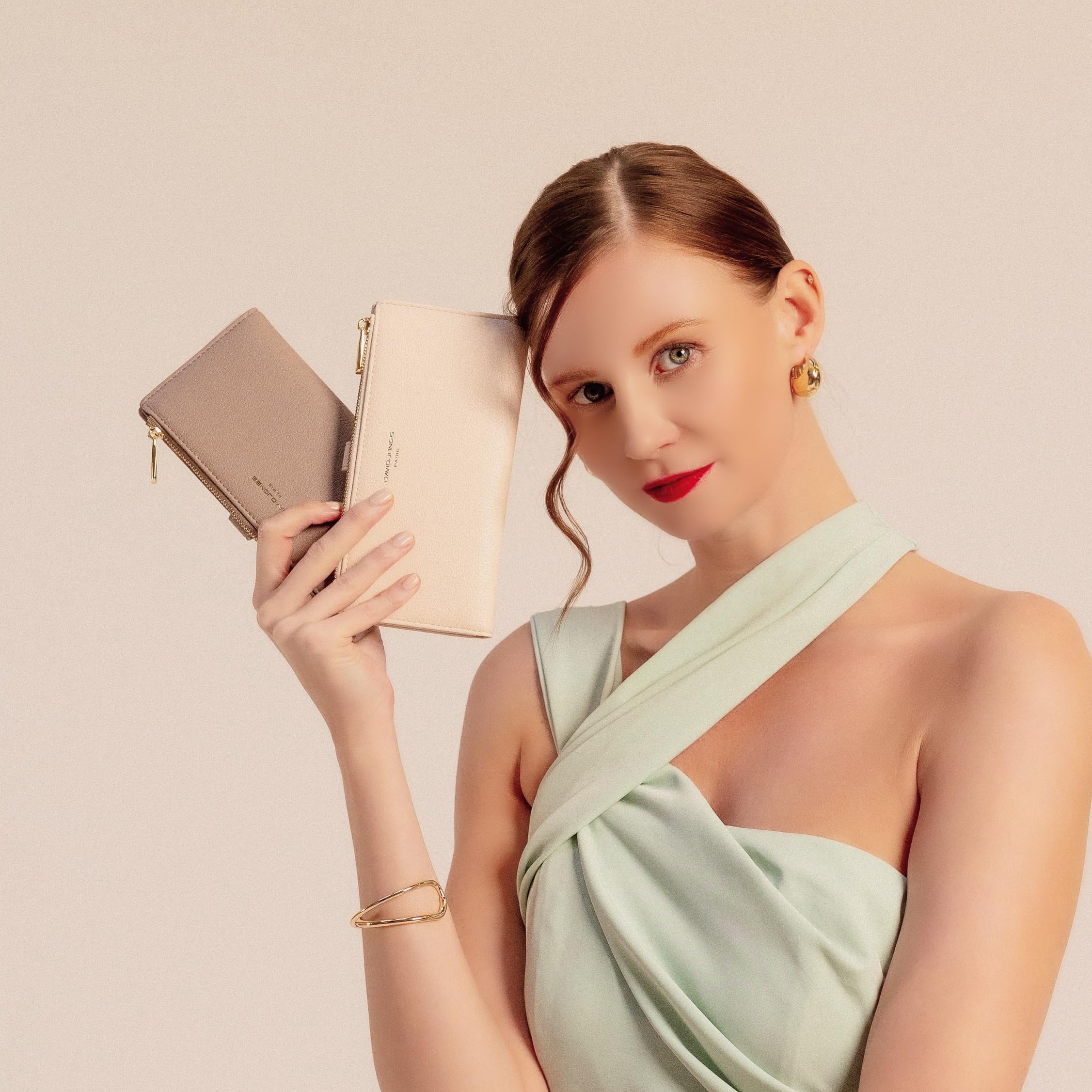 David Jones - Portefeuille Compagnon Femme Simili Cuir - Porte-Cartes Long Porte-Monnaie Cuir synthétique PU - Poche à Billets et Pièces - Beige