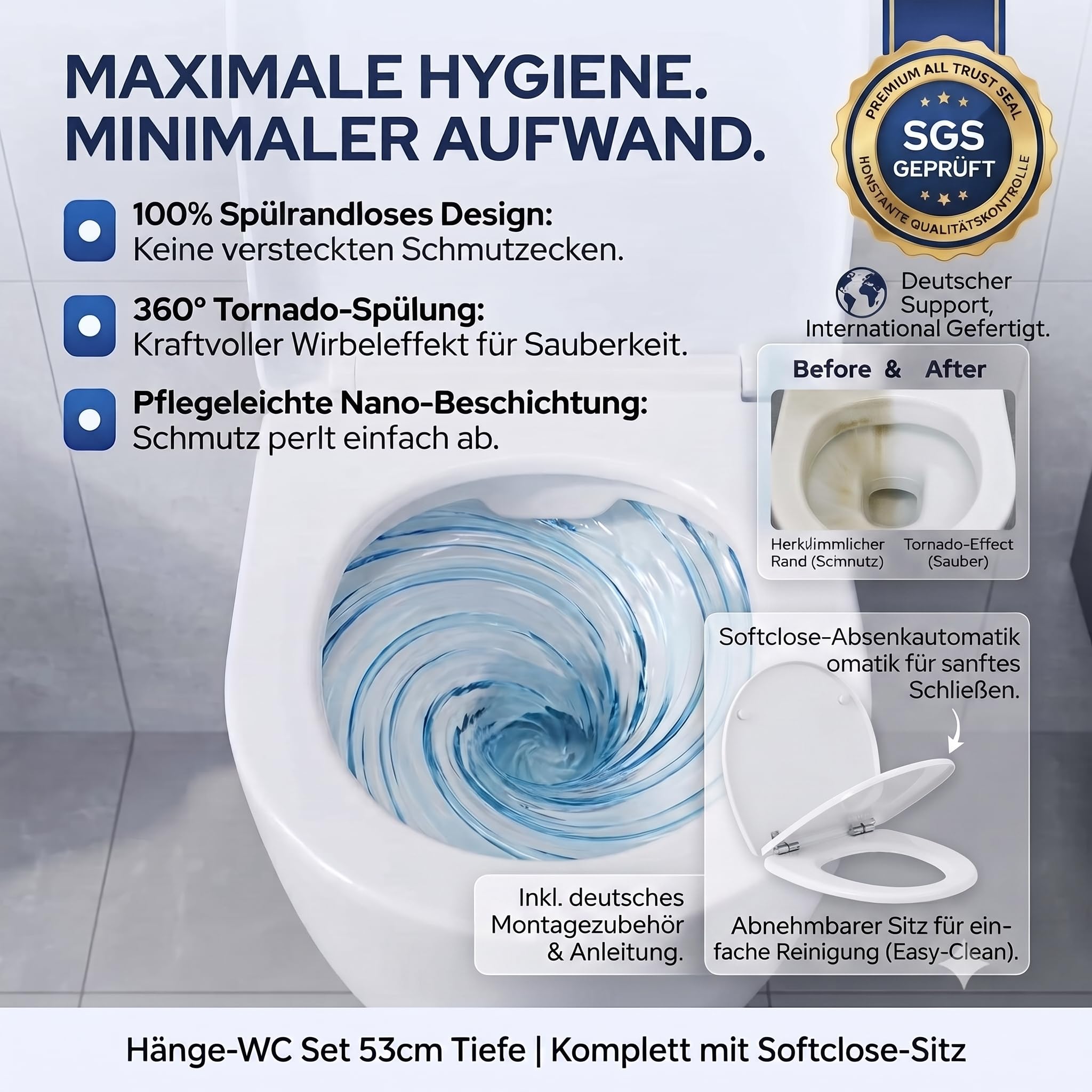 Spülrandloses Hänge-WC Wand-WC Set 53cm Tiefspüler mit Softclose-Sitz Weiß | Spülrandlose Wandtoilette inklusive Schallschutz und Tornado Spülung. Pflegeleichte Nano Beschichtung für das Gäste WC