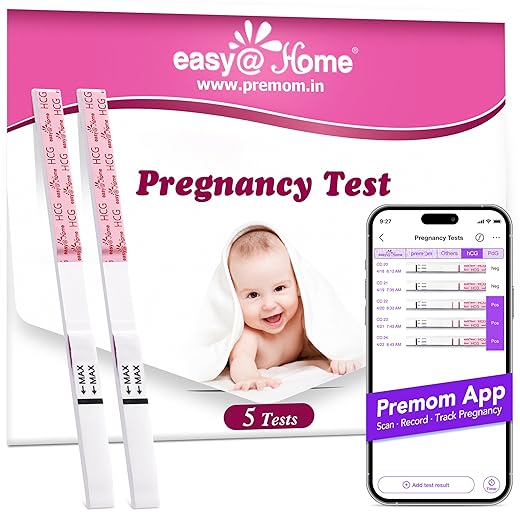 Easy@Home Pregnancy Test Strips Kit, 5 Pack Early Detection hCG Tests - Powered by Premom Ovulation Predictor iOS and Android APP