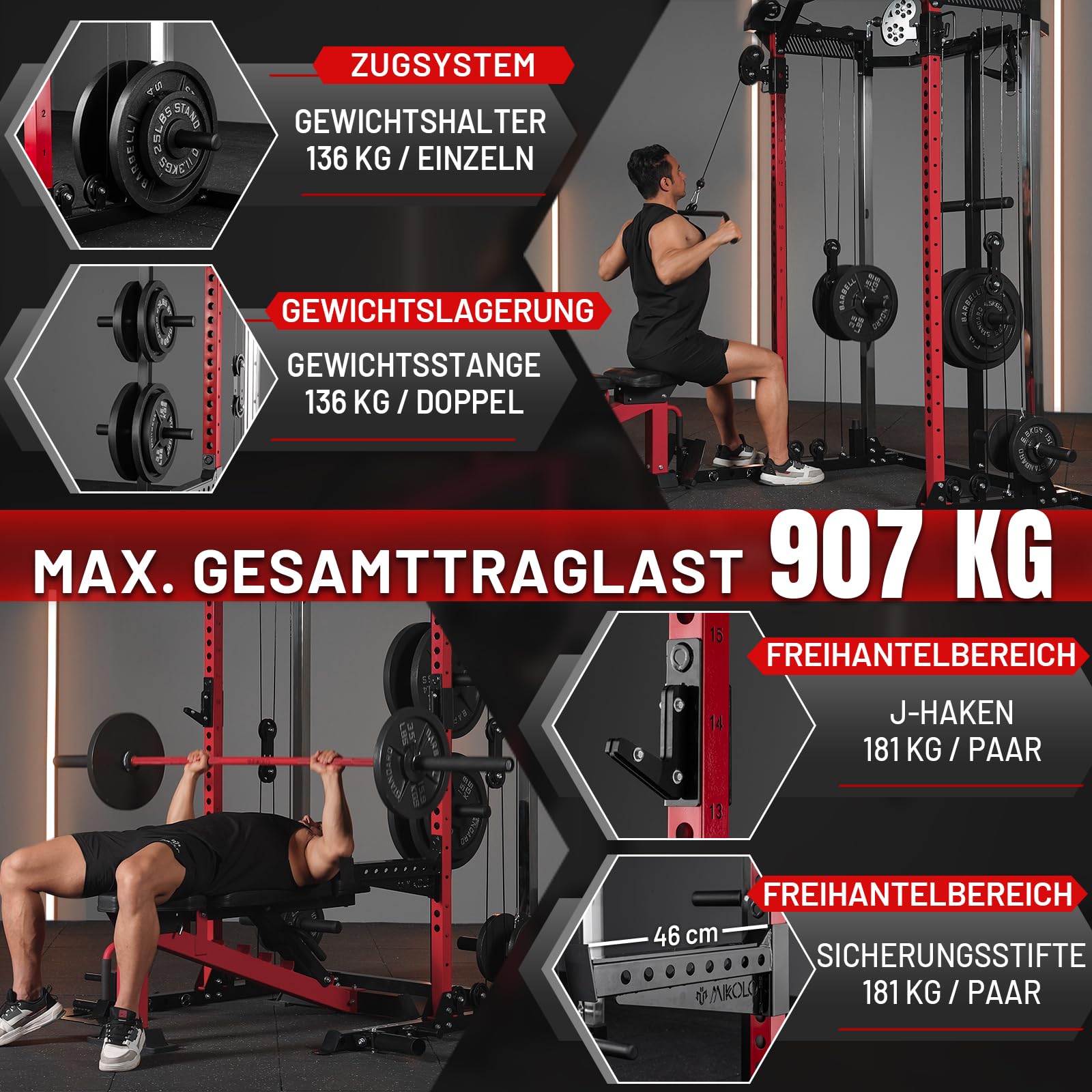 Power Cage, Power Rack mit Latzugstange, Kabelzugstation mit J-Hacken, Landmine, Band Peg, Battle Rope Seil, Squat Rack mit 680kg maximaler Belastung für das Heim-Fitnessstudio