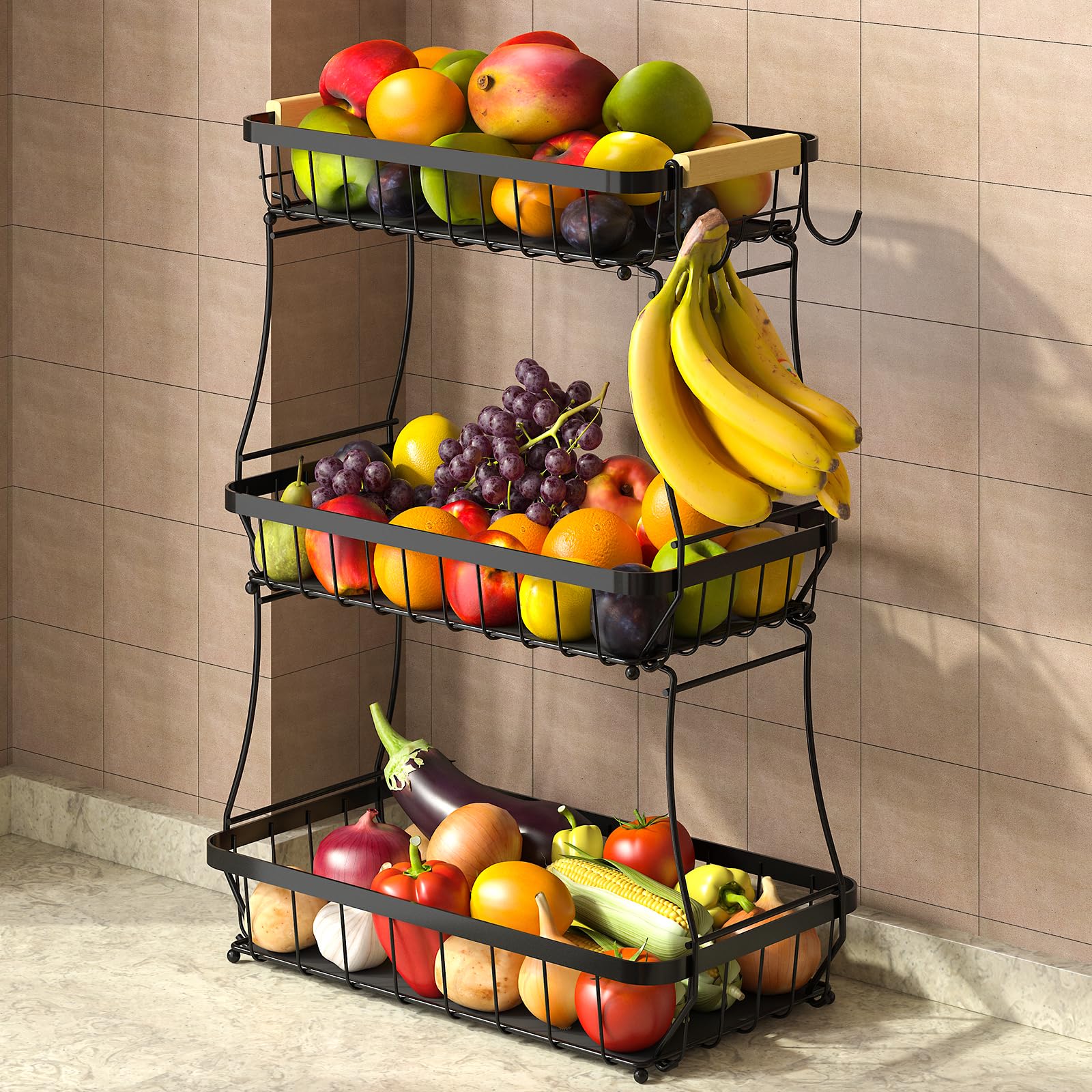 Sevenblue 3 Tier Large Fruit Basket for Kitchen Counter with 2 Mobile Banana Hangers, 2026 Pro Metal Fruit Bowl with Wooden Handle, Fruit Holder for Bread Snack Veggies (Black, 3 Tier)