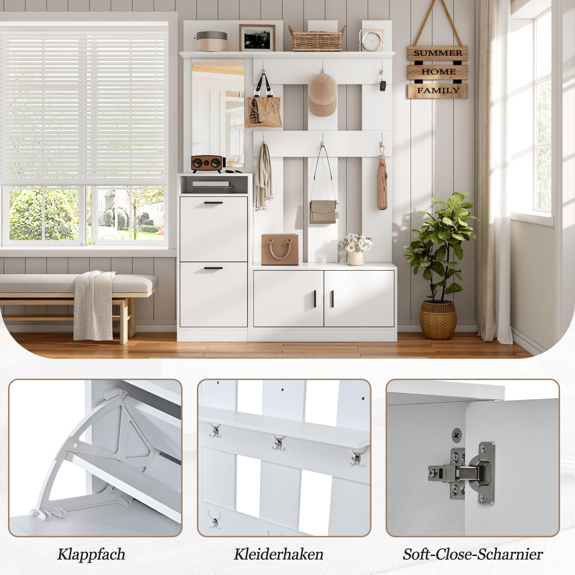 Garderoben-Set mit Schuhschrank, Spiegel und Kleiderhaken, Flurgarderobe Set mit Ablagefläche, Wandgarderoben Set für Eingangsbereich, Weiß, 120x30x180 cm