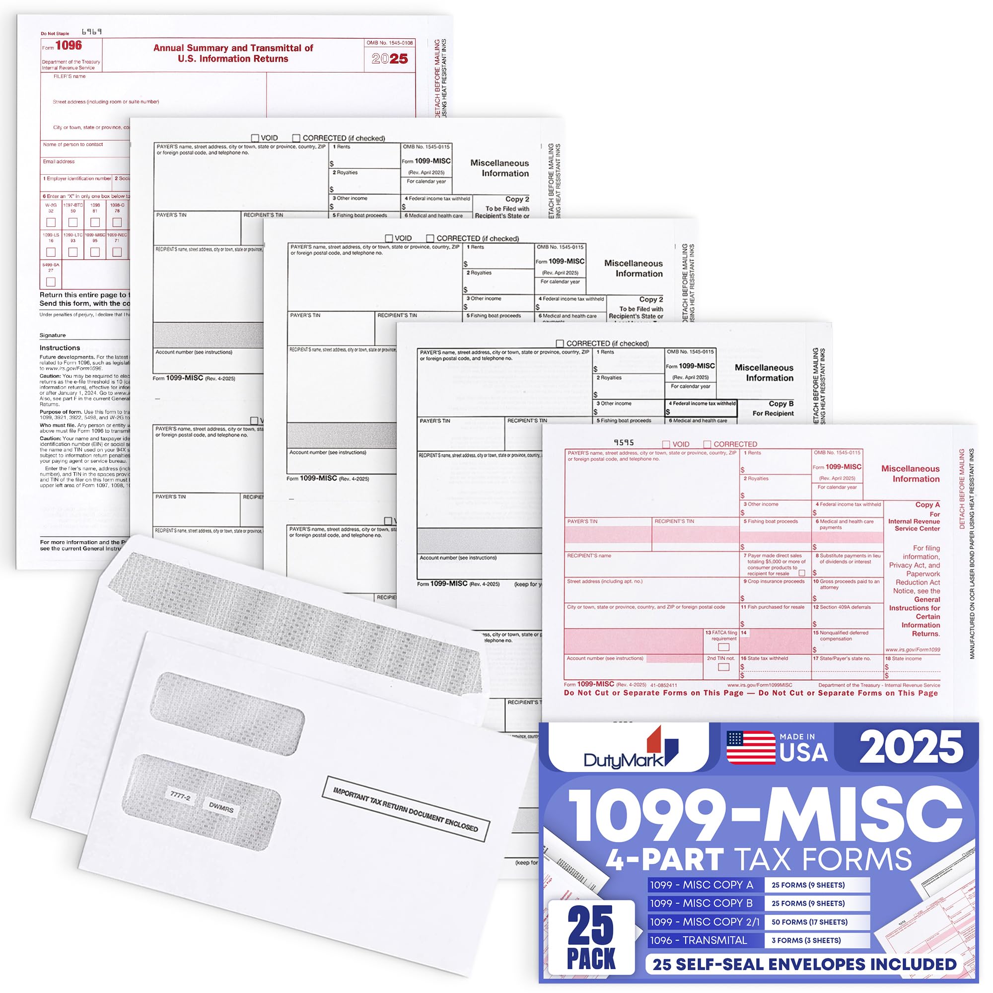 DuryMark 1099 Misc Tax Forms 2025 with Envelopes, 25 Vendor Kit for 4 Part Tax Forms, Compatible with QuickBooks and Accountings Software, 25 Self Seal Envelopes, Made in USA