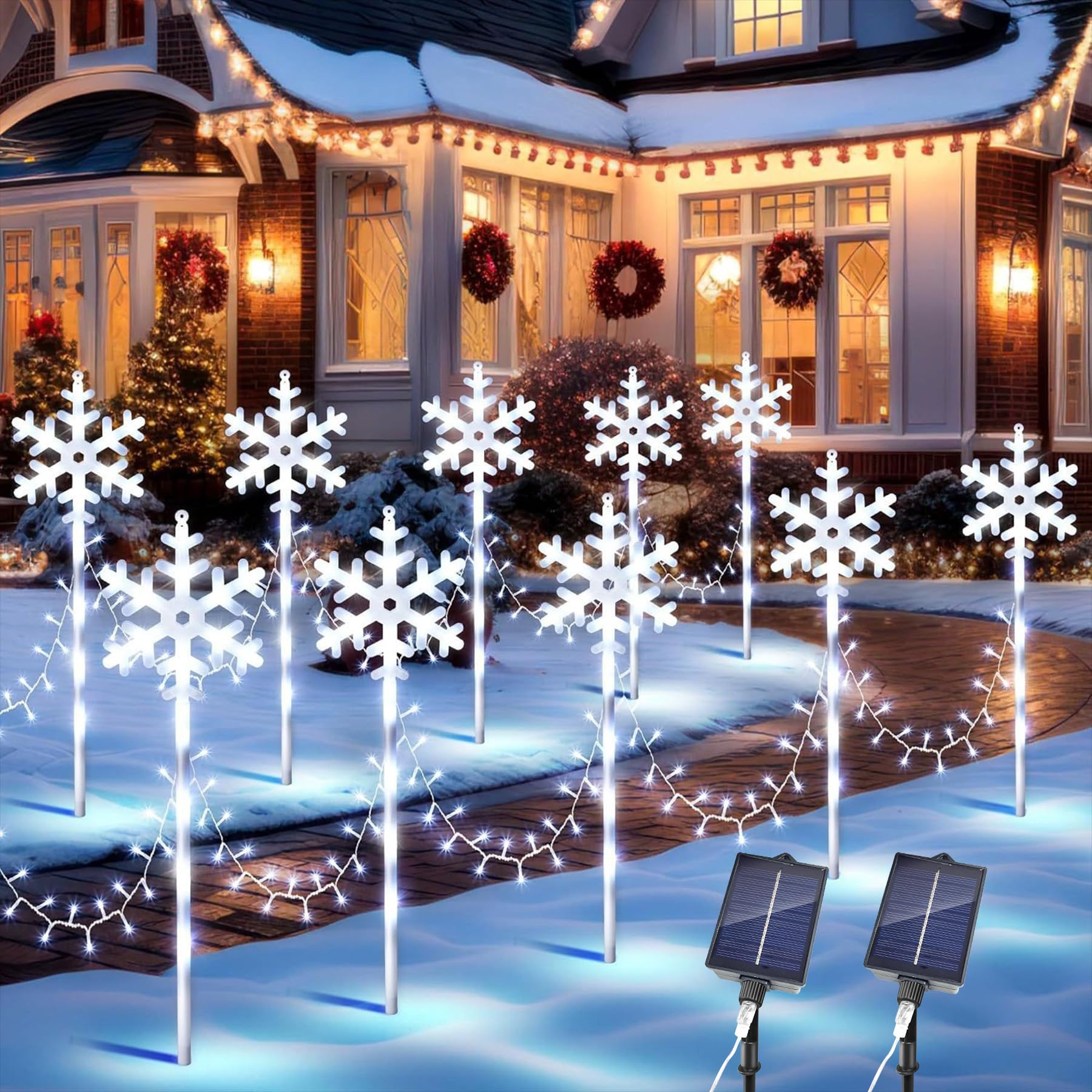 VEEKAY 10 Pièces Decoration Noel Lampe Solaire Exterieur,8 modes de canne à sucre éclairée solaire,Flocon de Neige Lumières de Noël,Étanches,Marqueur De Chemin De Noël pour Terrasse Cour Cadeaux
