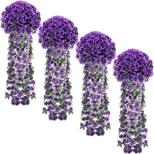 Paquete de 4 flores colgantes violetas, decoración artificial de 5 pétalos, seda violeta, simulación, planta colgante de imitación, violetas reales,