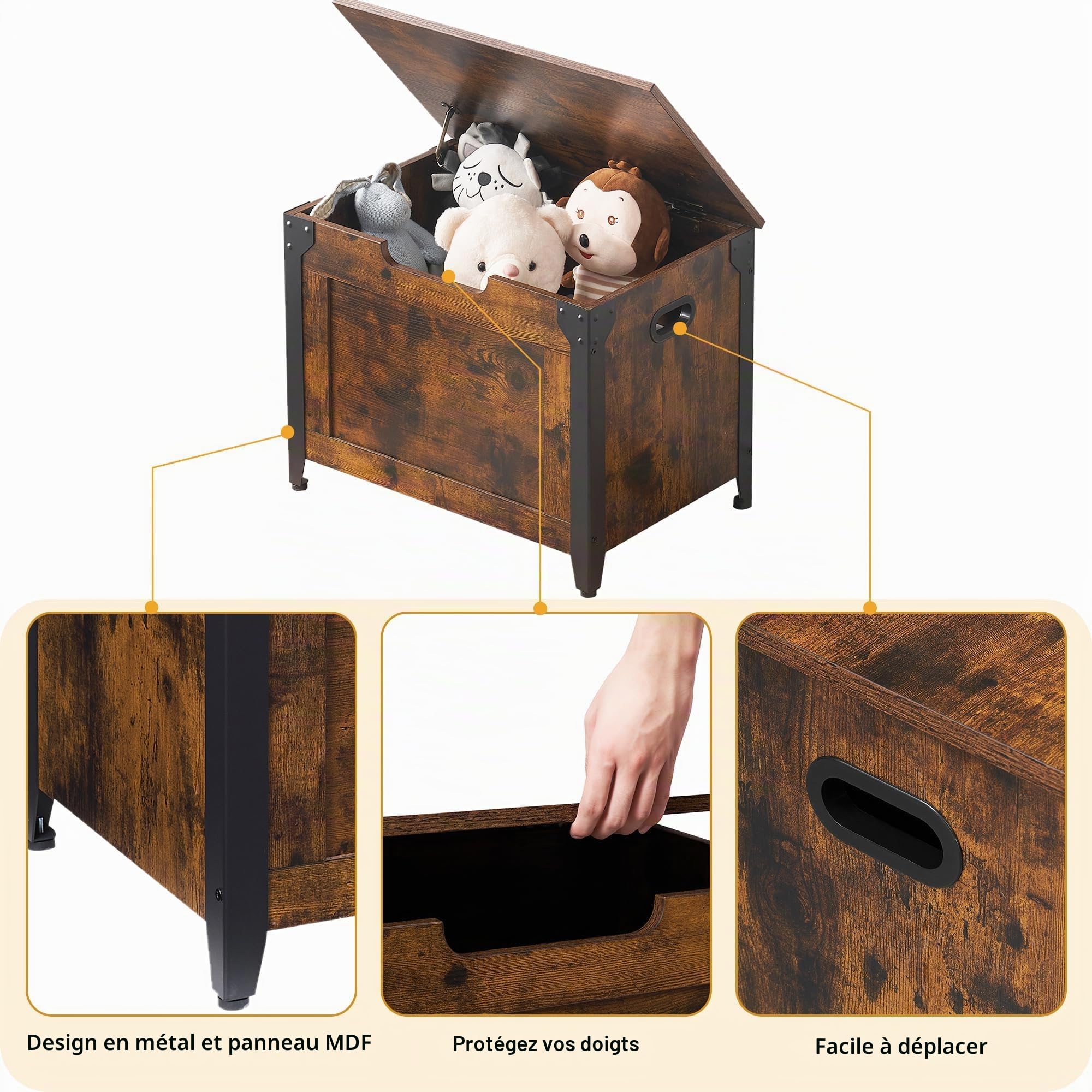 Banc avec espace de rangement, coffre avec couvercle, 60 cm de long, 2 charnières de sécurité, charge maximale : 136 kg, coffre en bois, pour couloir, chambre à coucher, salon, marron