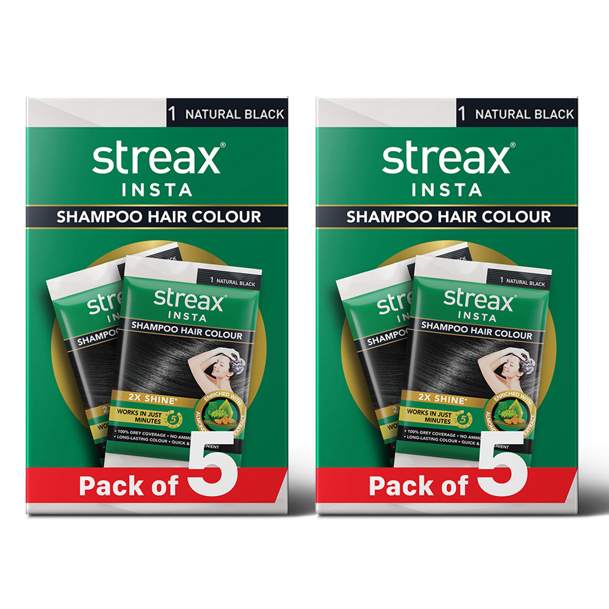 Streax Insta Shampoo Hair Colour for Women and Men, Natural Black - Pack of 5 | 100% grey coverage in 5 minutes | Long lasting, easy to use Pack of 2-image-37