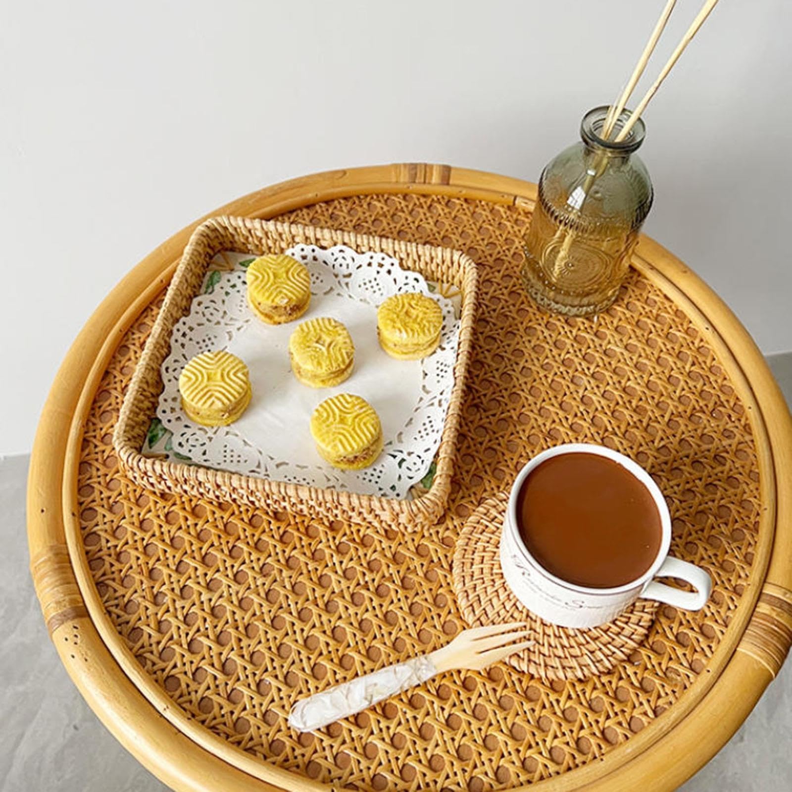 3Pcs Square Rattan Tray with Mother of Pearl Inlay,