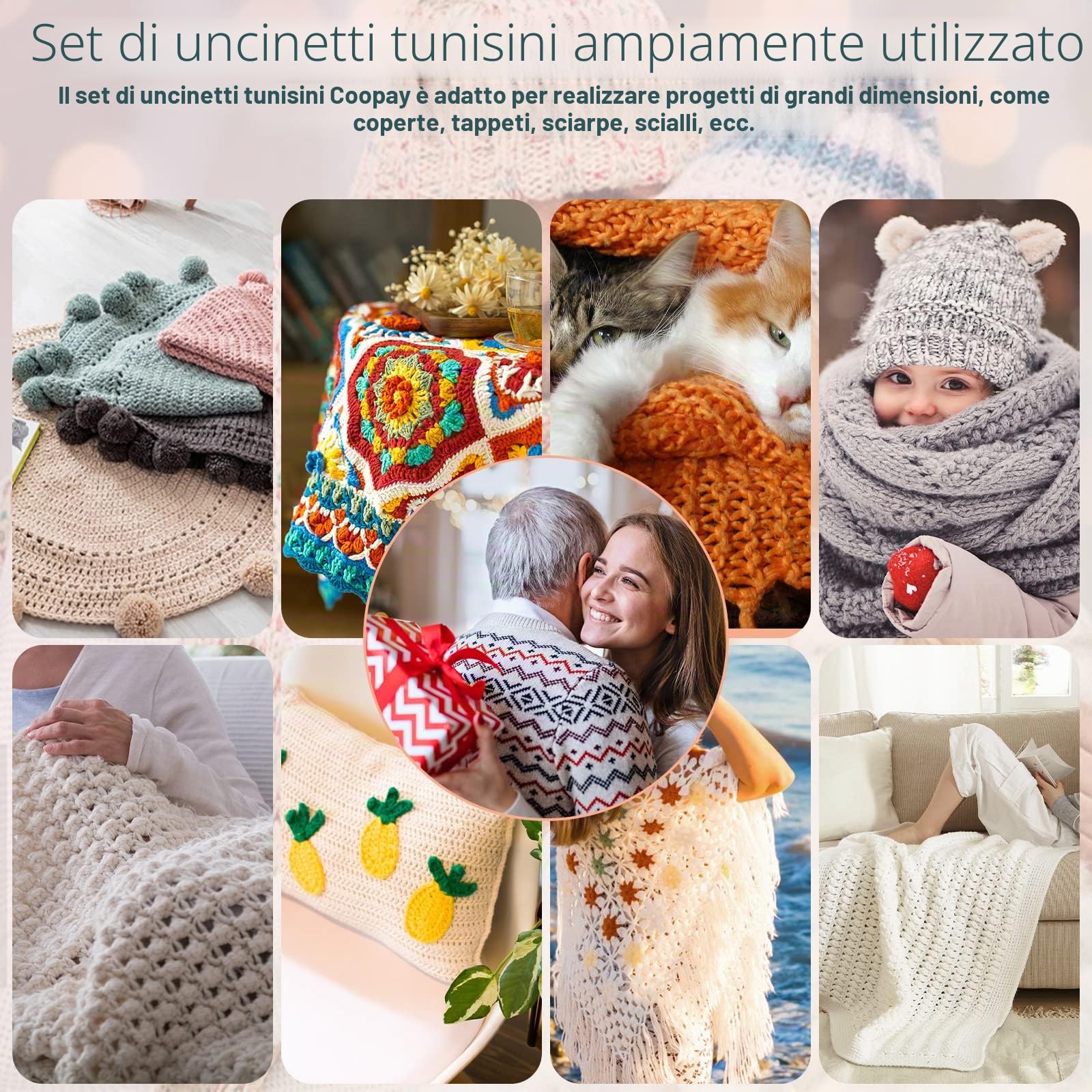Coopay Set di 23 Uncinetti Tunisini: 11 Lunghi in Metallo (2,0-8,0 mm) e 12 Afghani in Bambù Carbonizzato (3,0-10 mm) con Cavo - Set Extra Lungo