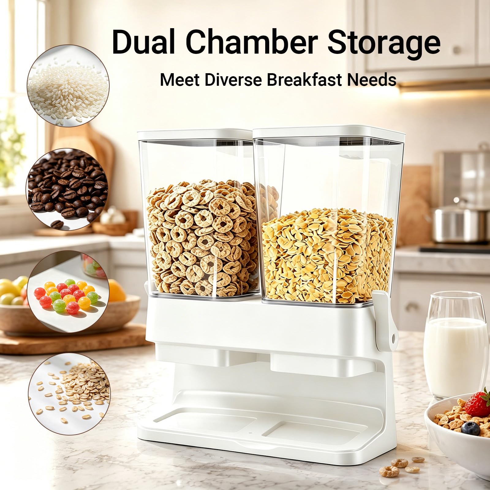 Doppio dispenser per cereali, 2 contenitori da 3 l, con dispenser, dispenser per cibo secco, cornflakes, cereali, riempitrice per cibo per animali (bianco)
