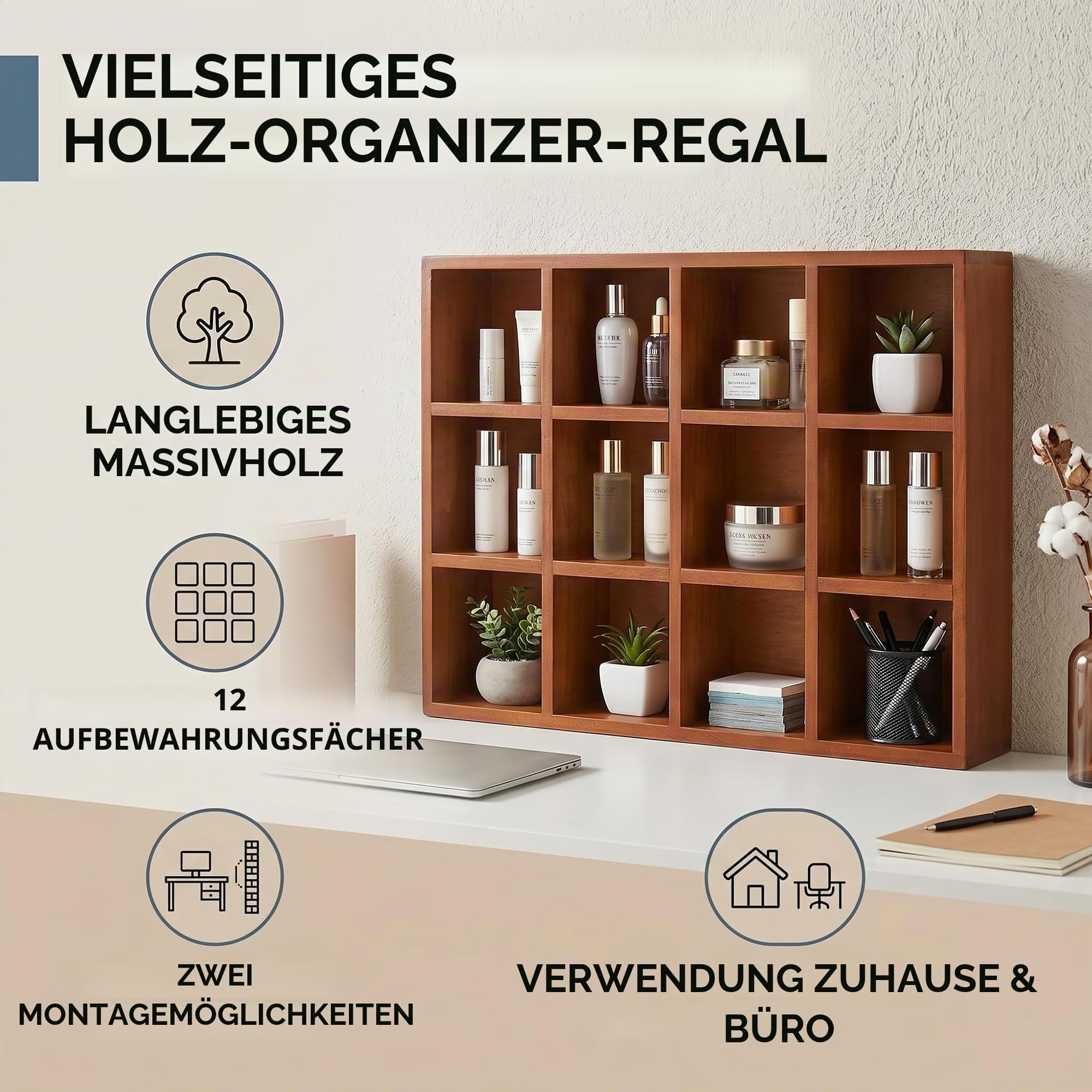 HEEPDD Holz-Wandregal, Vintage-Design mit 12 Fächern und glänzenden Kanten, stabiles Tassenregal für Sammlerfiguren, Tassen und Deko – ideal für Wohnzimmer, Küche, Büro und Geschenke
