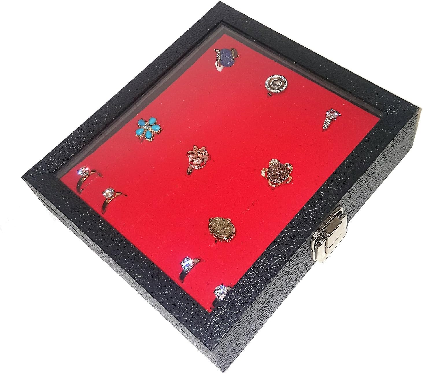 Glass Top Black Jewelry Display Case with 36 Slot Red Ring Display Insert