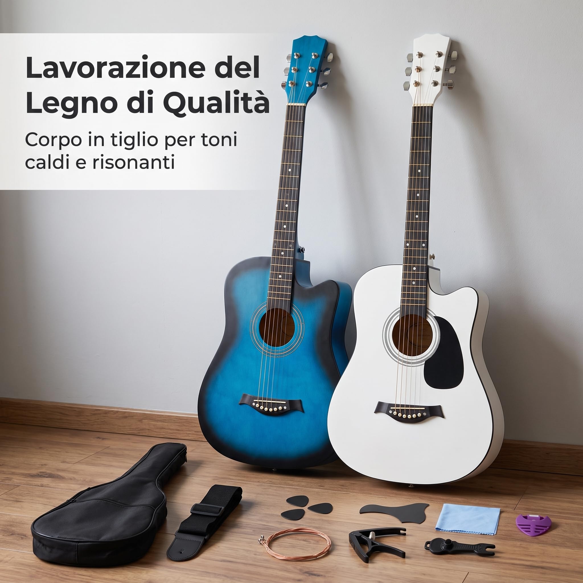 Acustica con Custodia, Kit Acustica 18 Barrel per Principianti e Musicisti, Chitarra acustica 38 pollici, colore blu scuro, con accessori