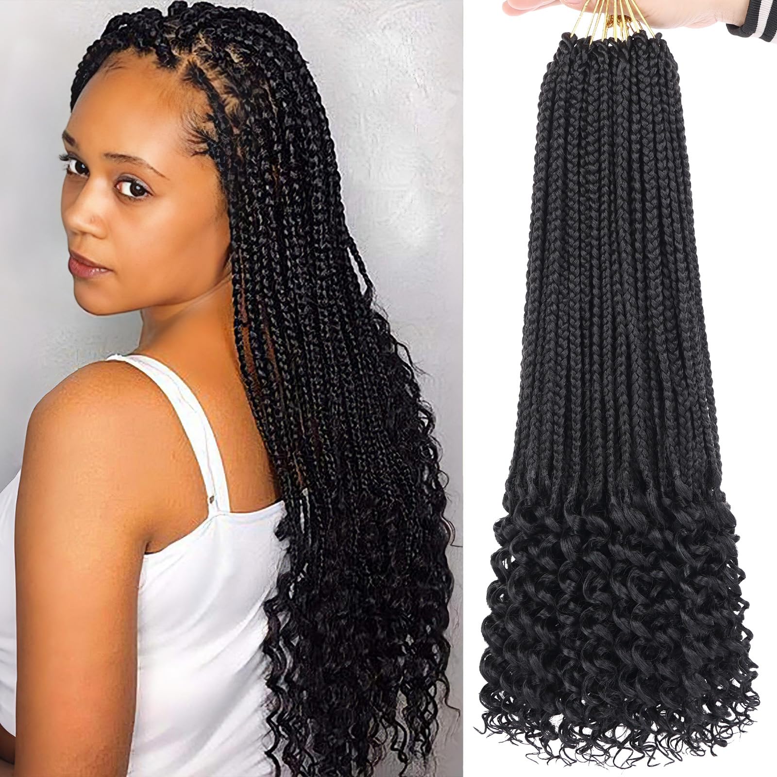 18 Inch Box Braids with Curly Ends 8 Packs Pre-looped Goddess Box Braids Crochet Hair Hair Extensions Synthetic Bohemian Box Braiding Hair for Women (