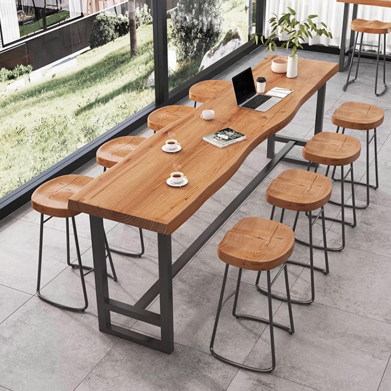 Mesa de comedor industrial de madera maciza Mesa de cocina rectangular bordes irregulares Mesa alta rectangular de madera maciza para bar Mesa alta de mostrador con base de caballete Sin heces(140*35*
