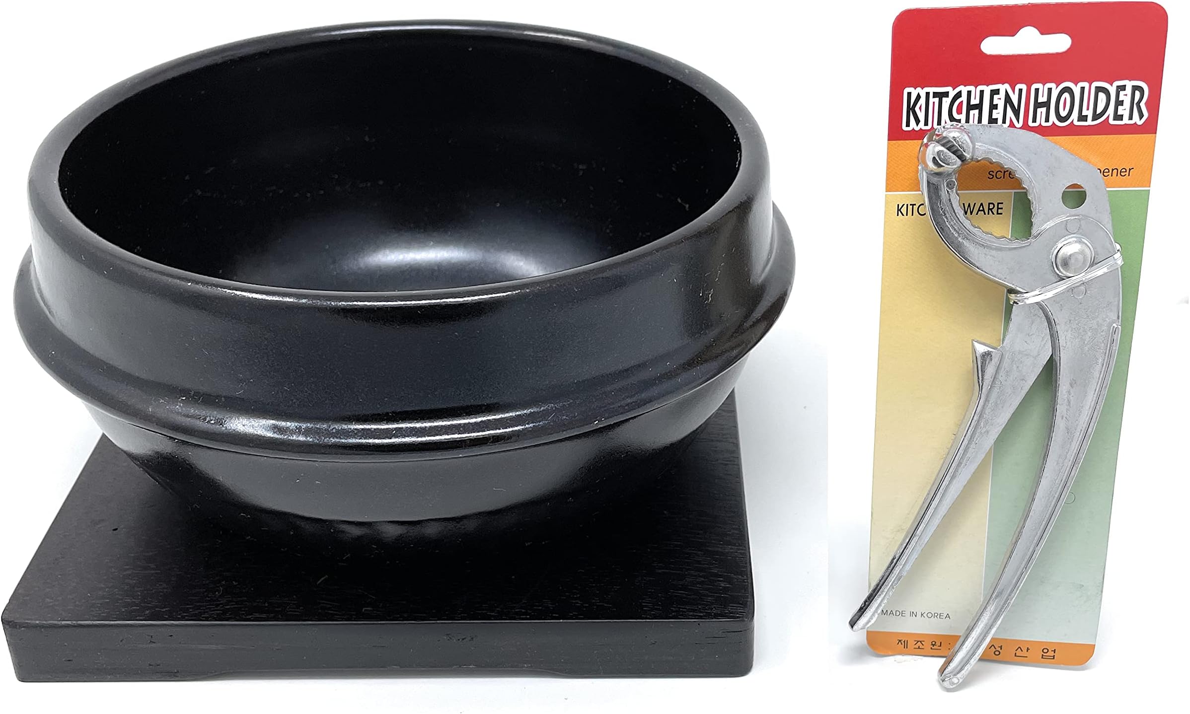 Jovely Korean Cooking Premium Ceramic Stone Bowl(Dolsot or Ddukbaegi) Diameter 6.3'' High 2.95'' Sizzling Hot Pot for Korean food such as Bibimbap and Soup (with Wood Tray and Special Bowl Tong Set)