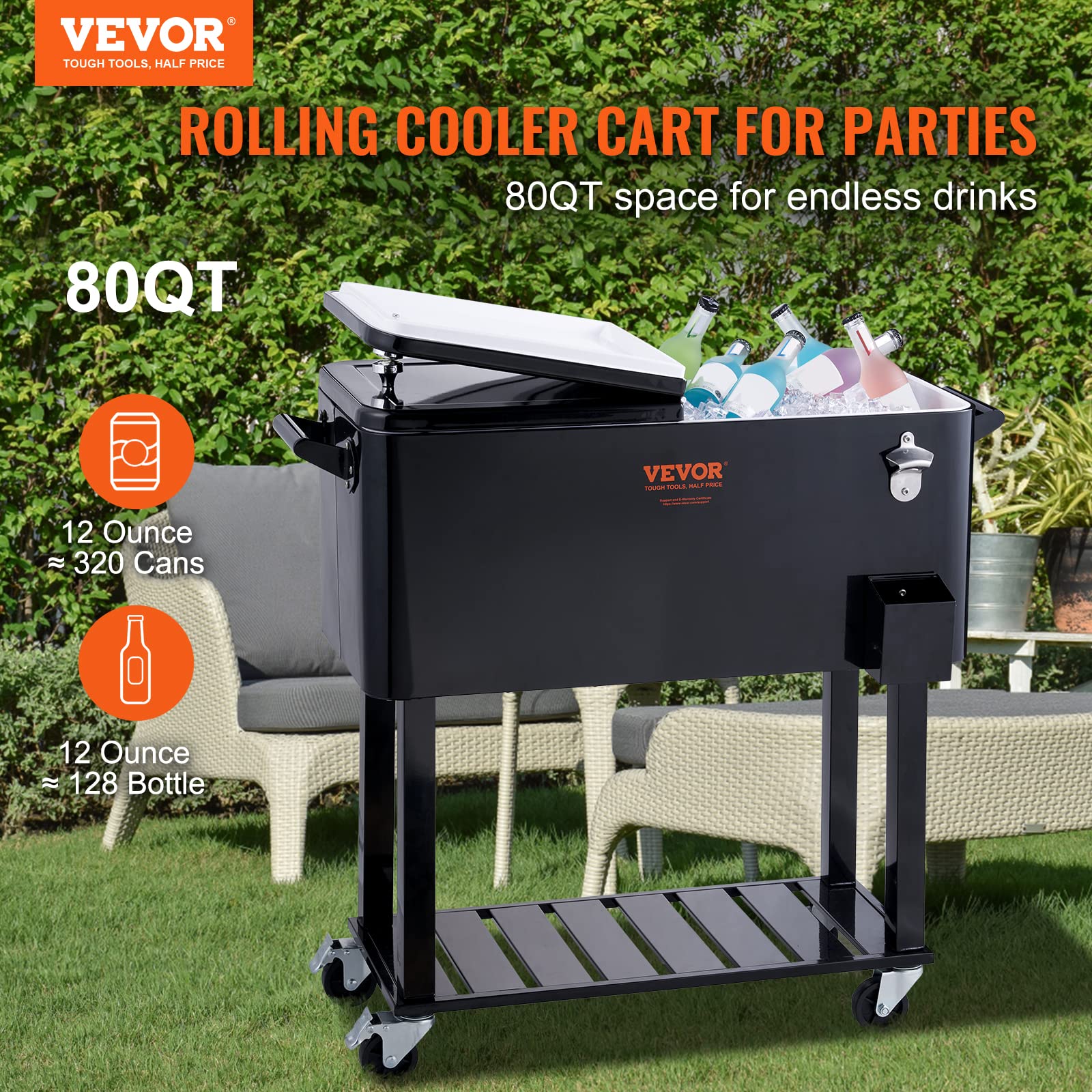 VEVOR Carrello Mobile Bar Mini Frigo Isotermico 80QT per Bevande con Apribottiglie per Feste Esterno