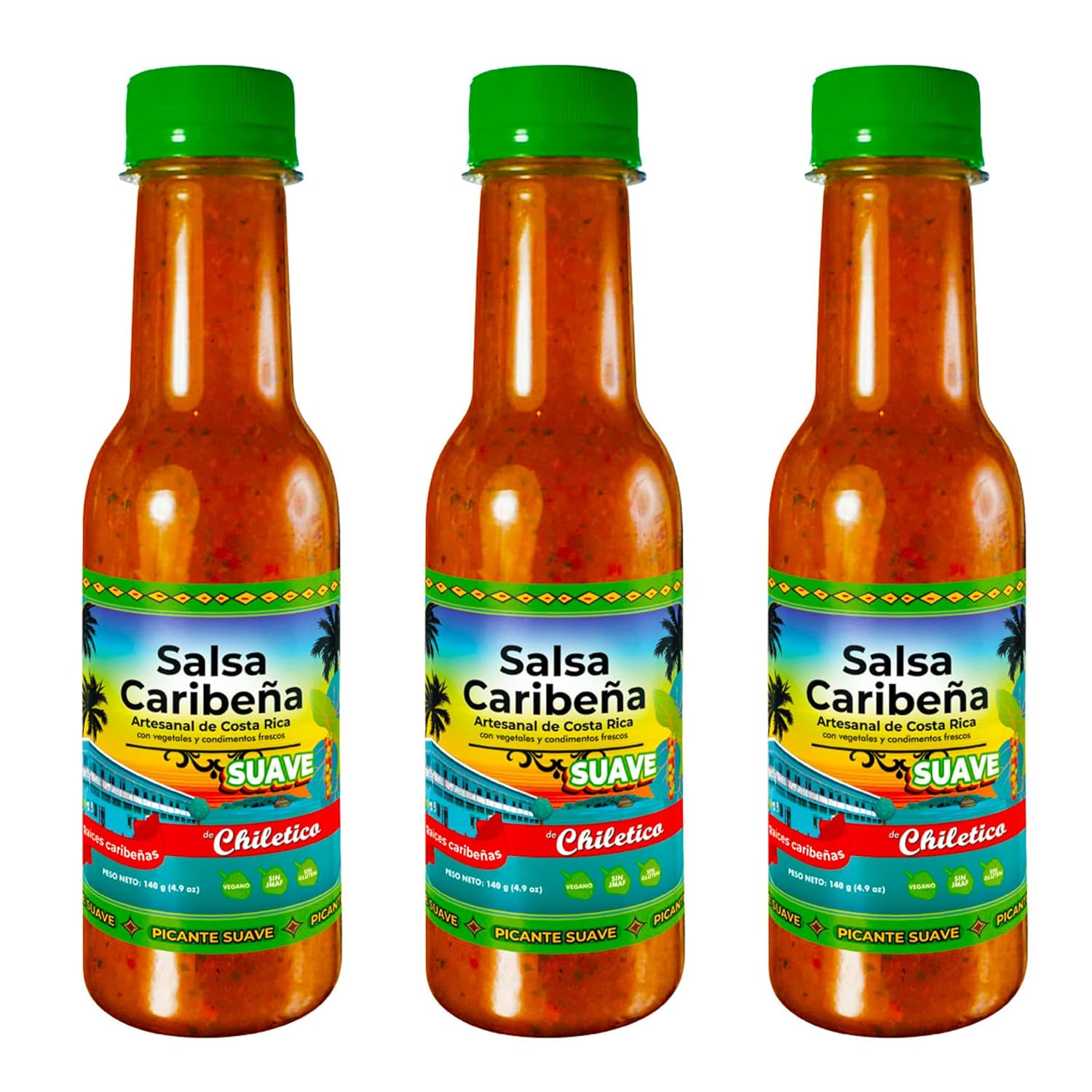 Chiletico Caribbean Mild Sauce – 3-Pack of Authentic Costa Rican Salsa Picante – Smooth Heat with Fresh Vegetables and Spices – 4.9 oz Each Bottle