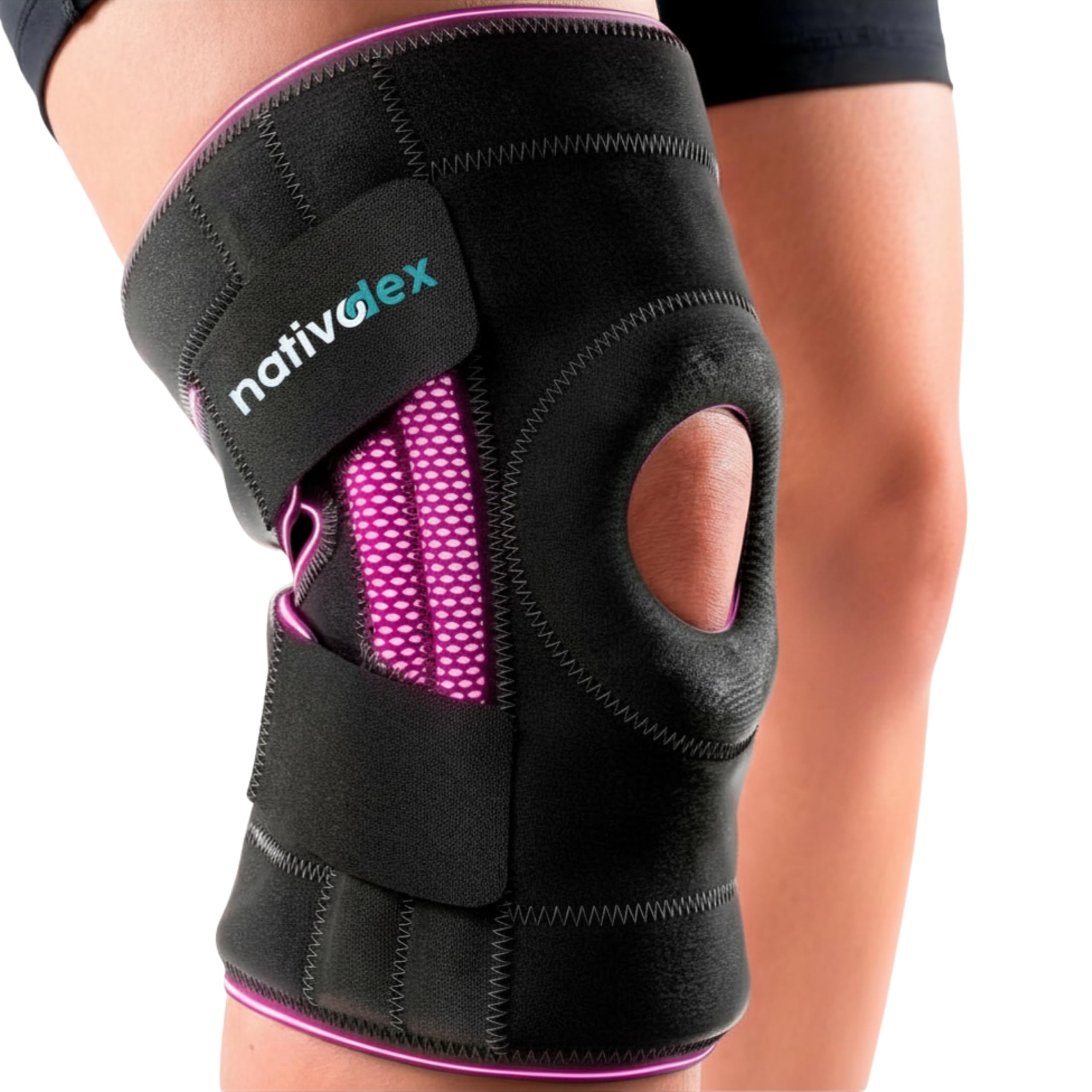 NativoDex Stabilizator na Kolano do Choroby Mięśni i Więzadeł – 4 Boczne Wsporniki i Otwarcie Nadkątne, Ortoza na Kolano Ajustowalna na Artrozę, Chondromalacje i Codzienne Użycie