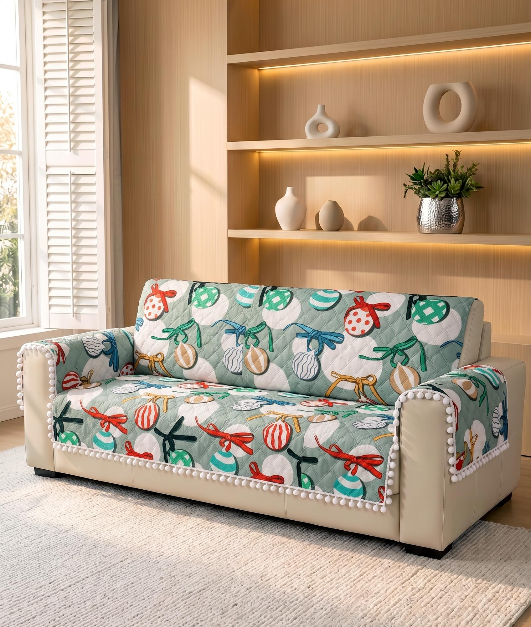 RD TREND® Quilted Velvet Sofa Cover 2 Seater Fully Covered (Seat+Back+Arm Covers) | Pom Pom with Anti-Skid Backing Sofa Protector Mat for Living Room | Multi Candy