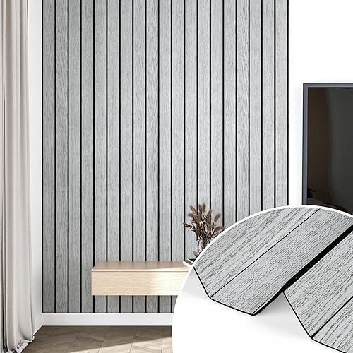Miniatura 3 de Wallercity Paneles 3D de listones de madera autoadhesivos blancogris para decoración de pared, paneles de madera insonorizados para dormitorio,