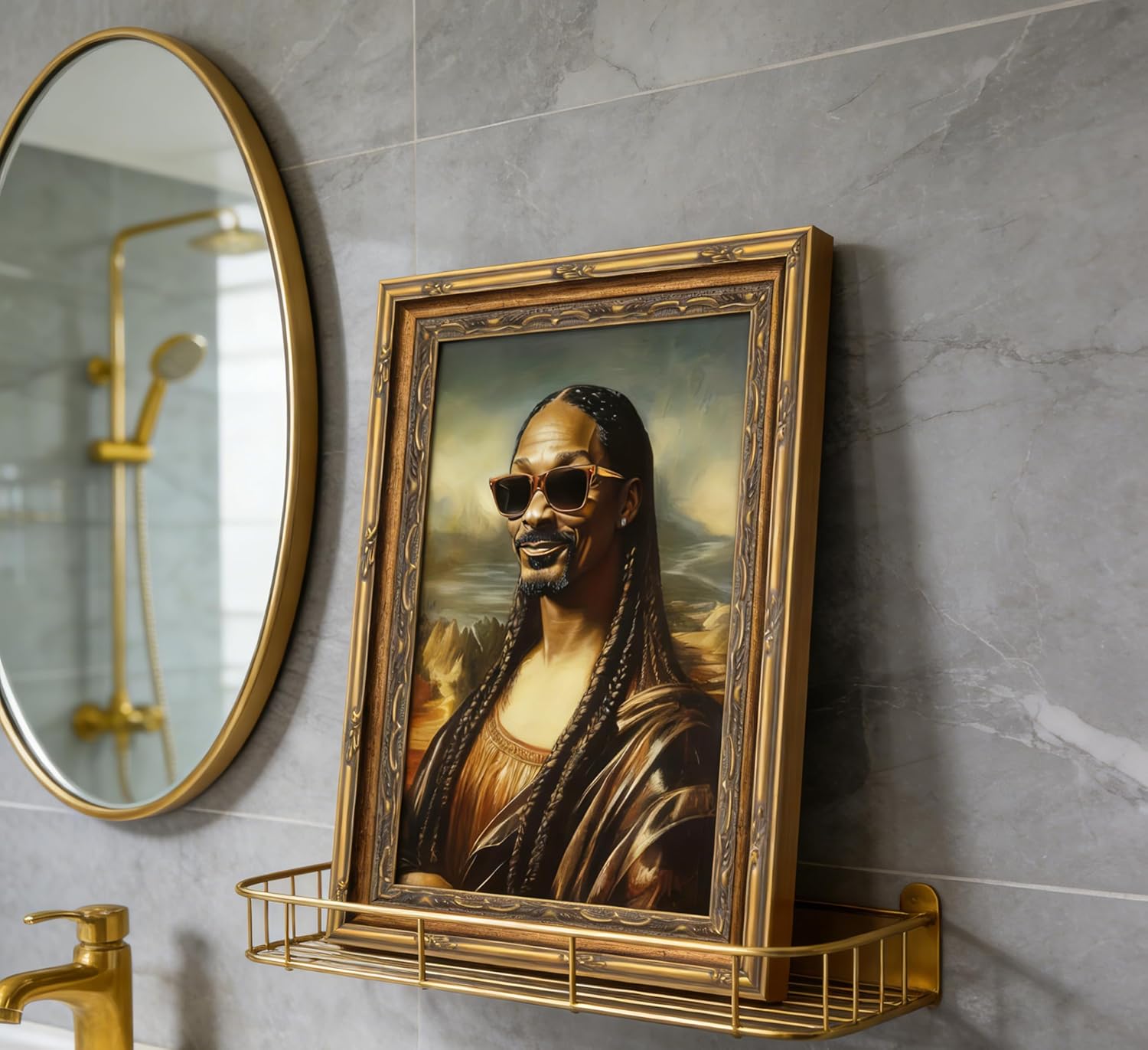 Vintage Gold Framed Bathroom Wall Art Funny Mona Lisa Painting Picture Humor Amusing Toilet Wall Decor Funny Bathroom Poster Print Artwork Home Decoration 12X16in