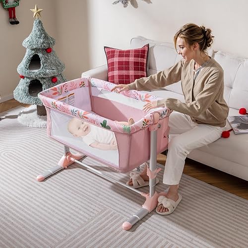 Miniatura 9 de BABY JOY Cuna, cuna plegable impresa con altura ajustable, pies retráctiles, colchón suave y bolsa de transporte portátil, moisés para bebé, cama de