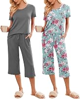 Ekouaer Women's 2 Pack Pajama Set: Short Sleeve Sleepwear Capri Pants PJs with Pockets, Soft Breathable Loungewear