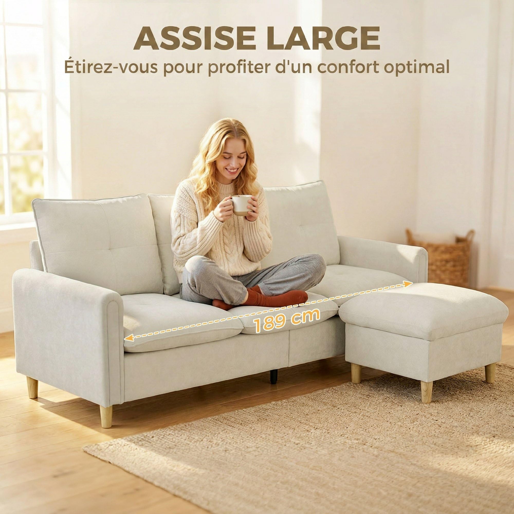 HOMCOM Divano a 3 posti con pouf portaoggetti divano angolare modulabile 210 cm moderno seduta ampia imbottita cuscini a molla, tessuto effetto lino, gambe in legno di albero della gomma, per | Ottomano di stoccaggio