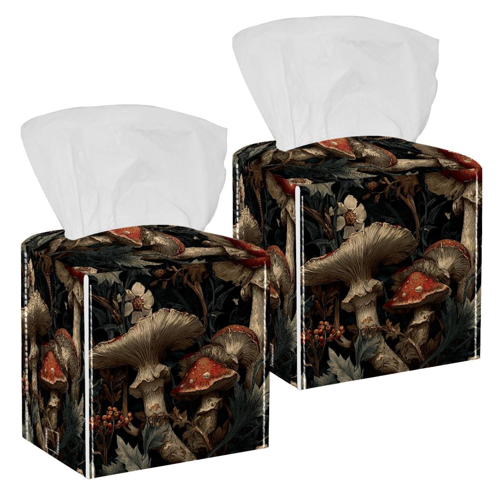 Mushroom Tissue Box Cover, 2 Pack PU Leather Square Facial Tissue Dispenser Box holder for Home Office Car