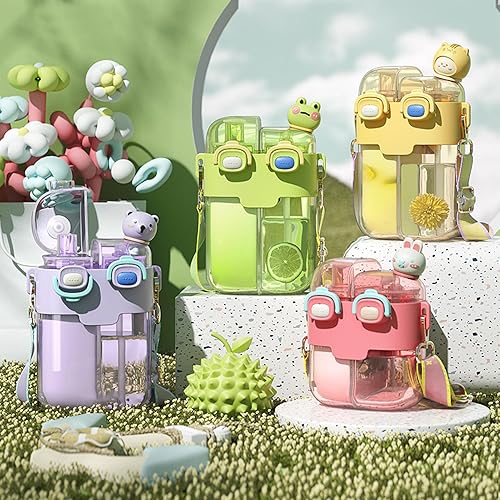 Miniatura 5 de Fdit Botellas de agua Kawaii con pajilla, botella de agua doble de plástico a la moda, correa ajustable para deportes, fitness, gimnasio, campamento