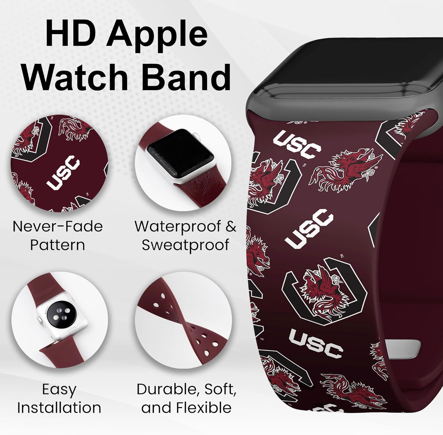AFFINITY BANDS South Carolina Gamecocks HD Combo Package Compatible with Apple Watch and AirPods Pro (42/44/45/49mm (46mm Series 11) Long Random)