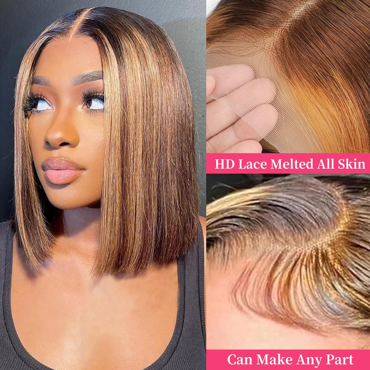 Wepwcod Bob Wigs Human Hair Glueless 13x4 HD Lace Closure Glueless Human Hair 180% Density Short Straight Wig for Black Women (STW Bob Wig-4/30 - Image 3
