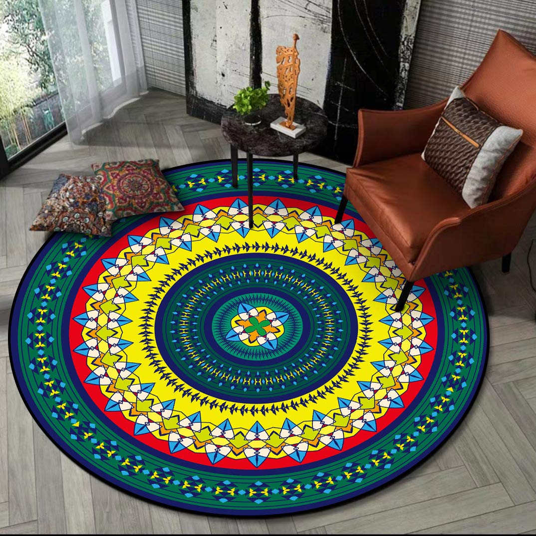 Tapis rond 190 cm style vintage floral rouge et vert pour grand salon