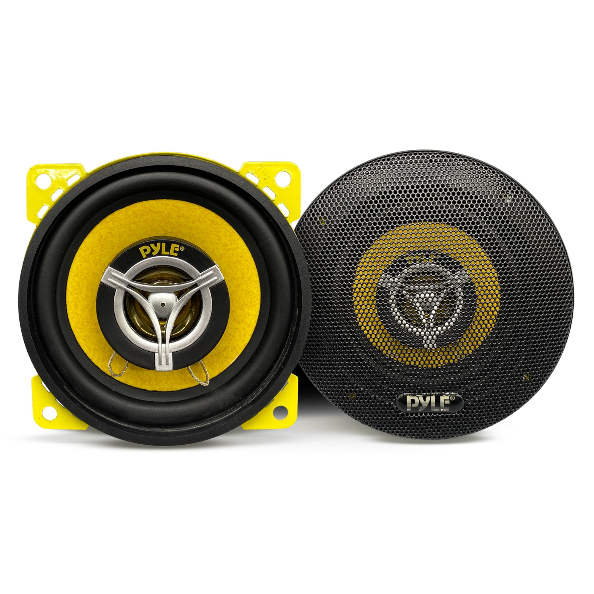 Car Two Way Speaker System - Pro 4 Inch 140 Watt 4 Ohm Mid Tweeter Component Audio Sound Coaxial Speakers For Car Stereo w/ 20 Oz Magnet, 1.85Mount Depth Fits Standard OEM - PLG4.2 (Pair)- Yellow