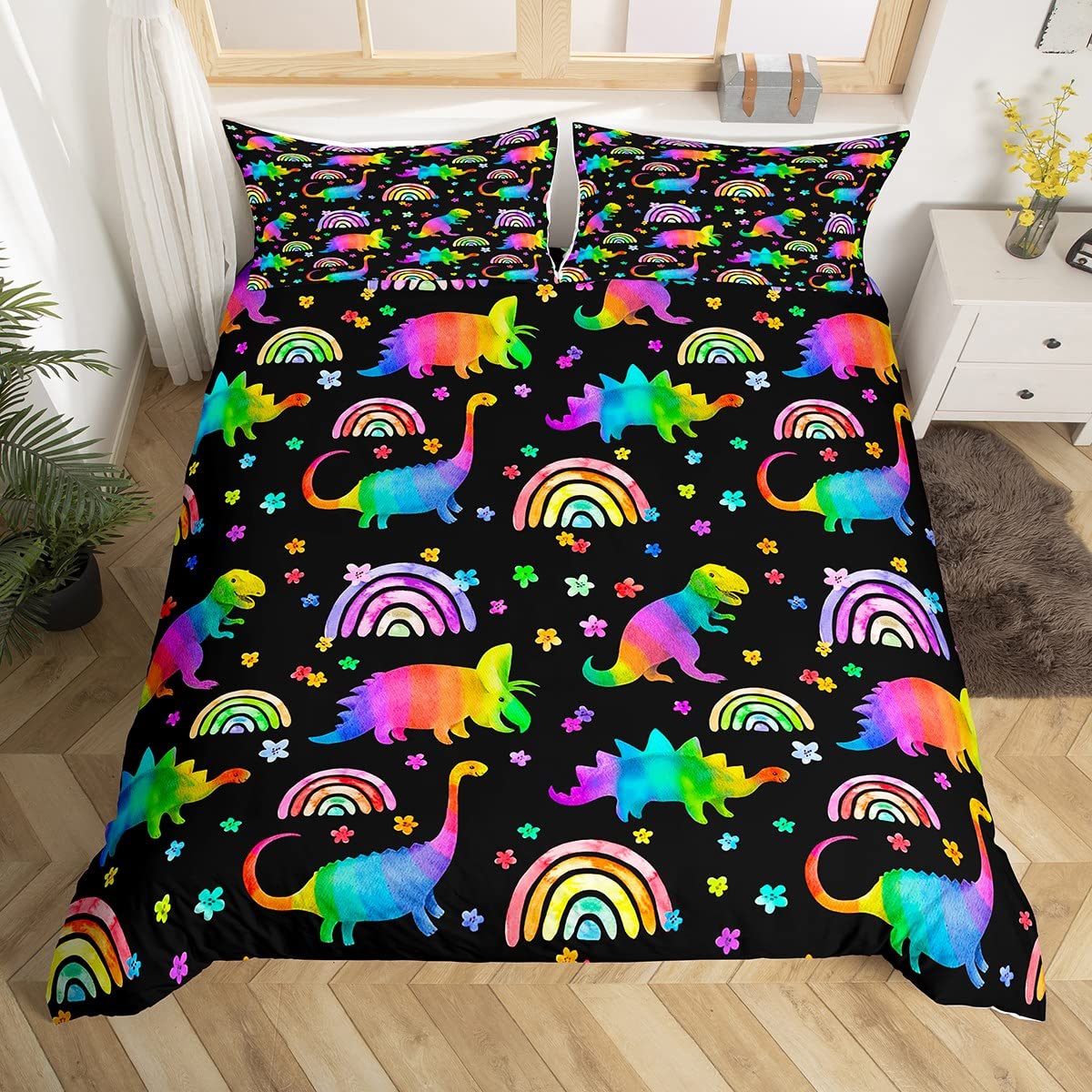 feelingyou Rainbow Dinosaur Duvet Cover Set Double Size,Cartoon Cute Dino Wild Animal Comforter Cover with 2 Pillowcases,Watercolor Flowers Floral Bedding Set for Girls Teens Present, Soft Microfiber