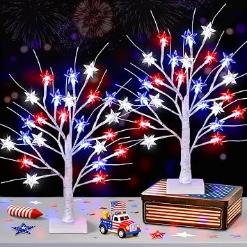 2 Pack 18" 4th of July Patriotic Tree Lights with 24 LED Red White Blue Star Lights Battery or USB Powered Lighted Tabletop Tree, Independence Day Memorial Day Decorations for Home Party Table Decor