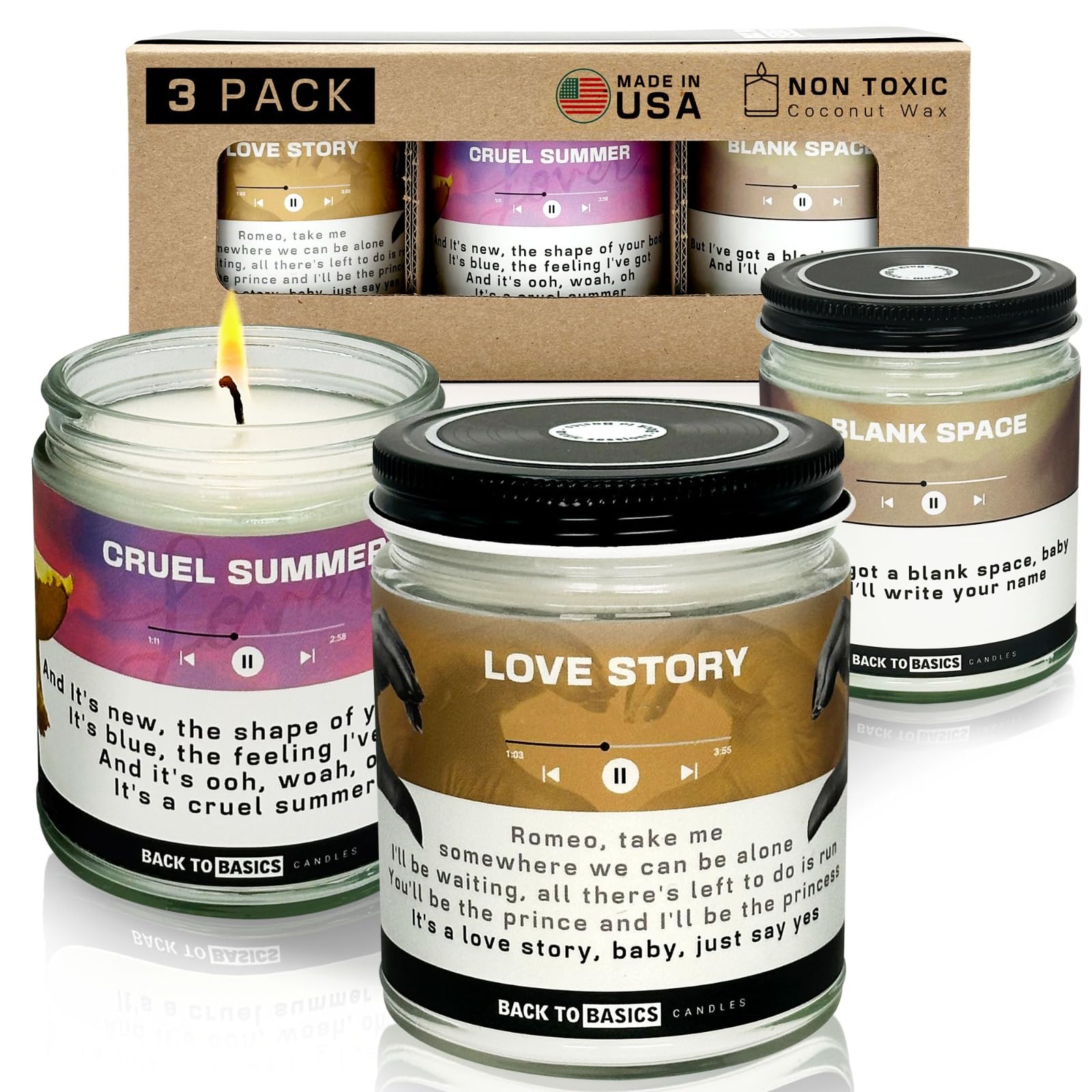 Back to Basics Taylor - Juego de velas prémium – 3 velas aromáticas veganas de cera de coco de soja para decoración del hogar, regalos de cumpleaños para mujeres, mejores amigos, hombres, aromaterapia
