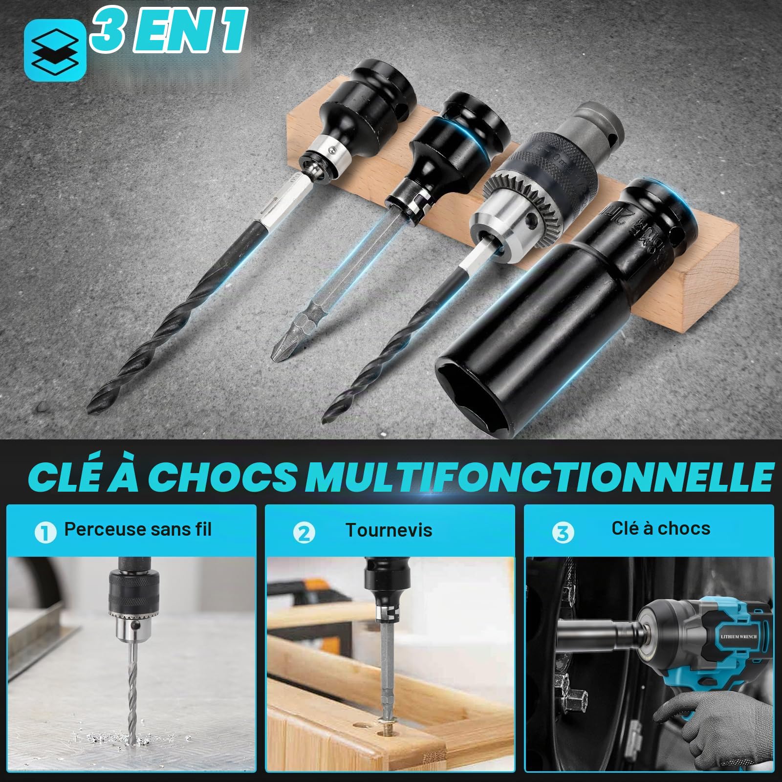 Clé à Chocs Sans Fil 650 Nm Visseuse pour Makita 18V Sans Batterie | 3 IN 1 Brushless Boulonneuse à Choc, 3 Vitesses et Lumière LED, Pour Pneus, Montage Automobile