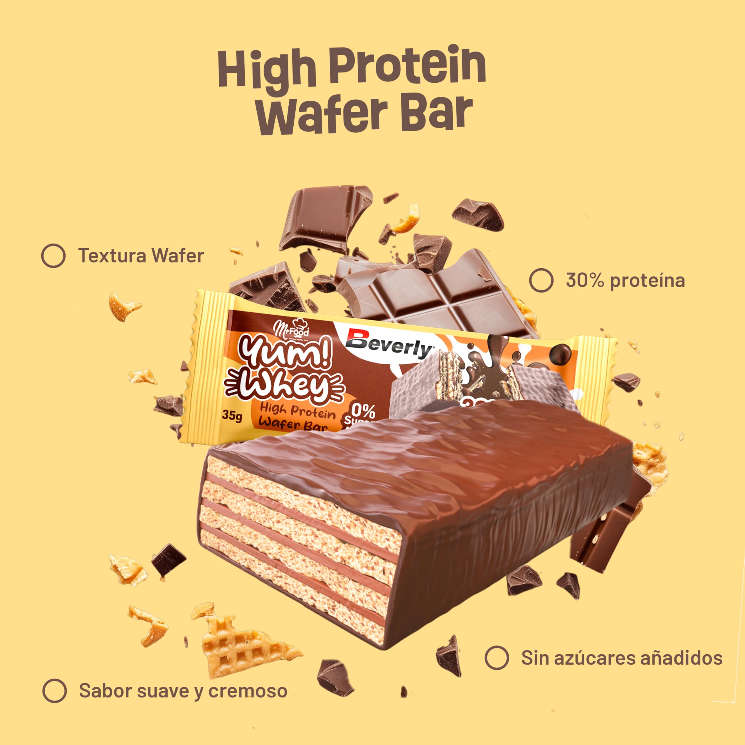 Beverly Yum Whey Bar - Deliciosa barrita protéica de barquillo de chocolate con un 30% de proteína - Estuche de 24 barritas de 35 gr - Sin azúcares añadidos y muy altas en proteína