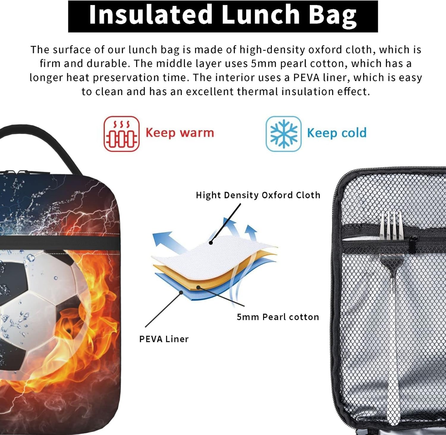 Soccer Ball Sport Lunch Bag For Boys Girls Reusable Lunch Box Insulated Meal Bags Portable Lunch Tote For Kids School Men Work Travel Picnic