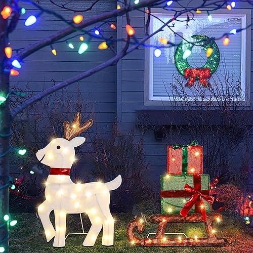 Miniatura 5 de Joliyoou Decoración de Navidad 2D para patio, juego de 3 renos preiluminados con 60 luces LED blancas cálidas para puerta delantera de Navidad,