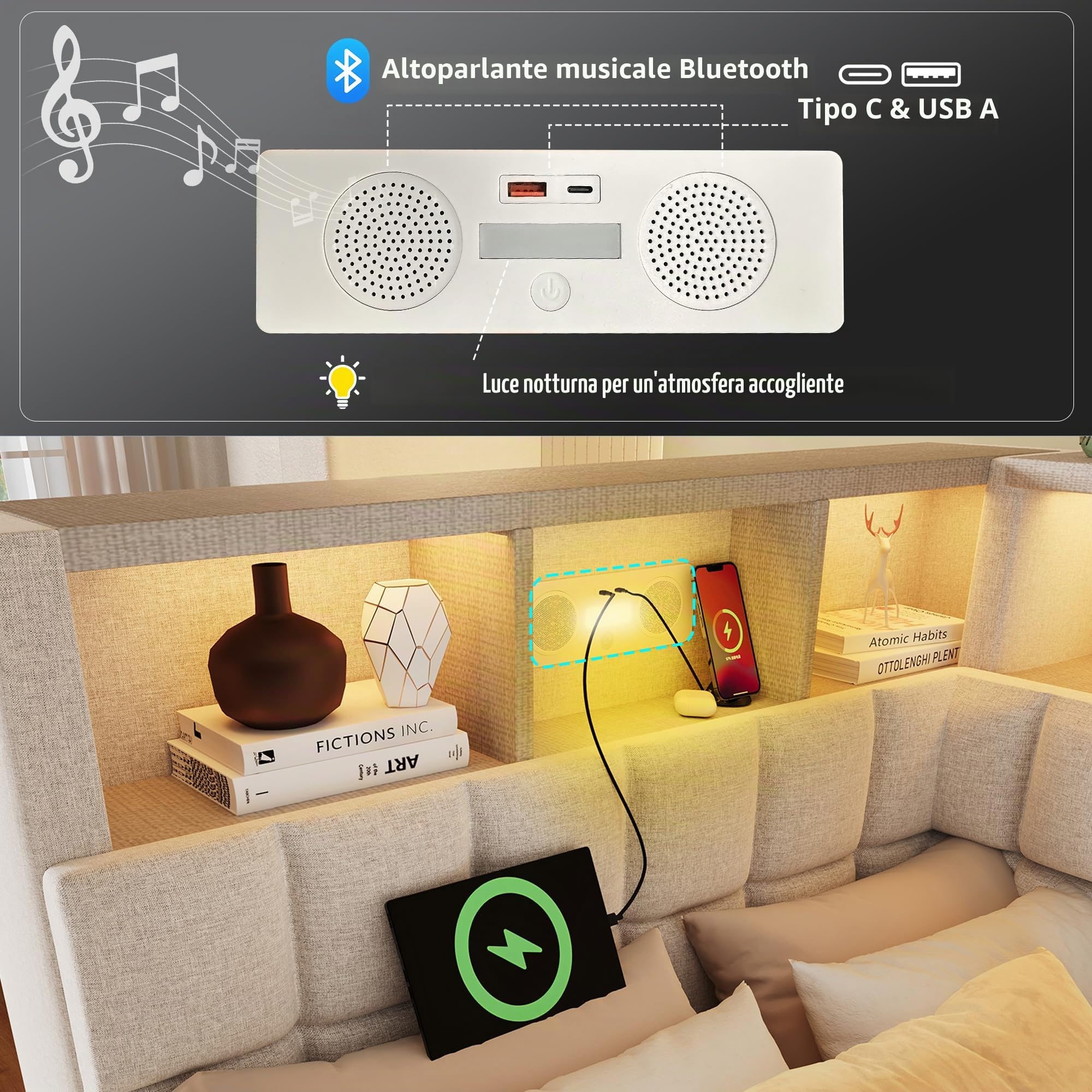 Letto imbottito in lino, 90 x 200 cm, con letto estraibile 90 x 190 cm, LED, altoparlante Bluetooth, porta di ricarica USB e tipo C, testiera a L con scaffalatura, divano letto/letto degli ospiti
