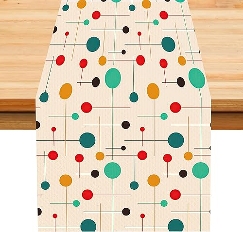 Miniatura 52 de Camino de mesa retro de los años 70, estilo vintage, arte abstracto moderno, verde, bohemio, espiral, ondas, granja, campo, cena, para el hogar,