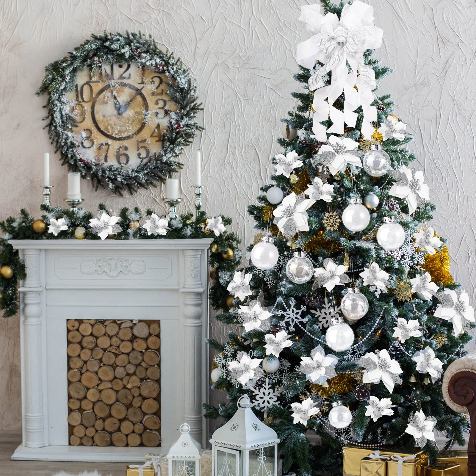 49 Pcs Christmas Tree Decoration Set Christmas Tree Topper Bow 24 Pcs Christmas Glitter Artificial Poinsettia Flowers 24 Pcs 2.36 Inch Christmas Ball Ornaments for Xmas Wedding Birthday (White)