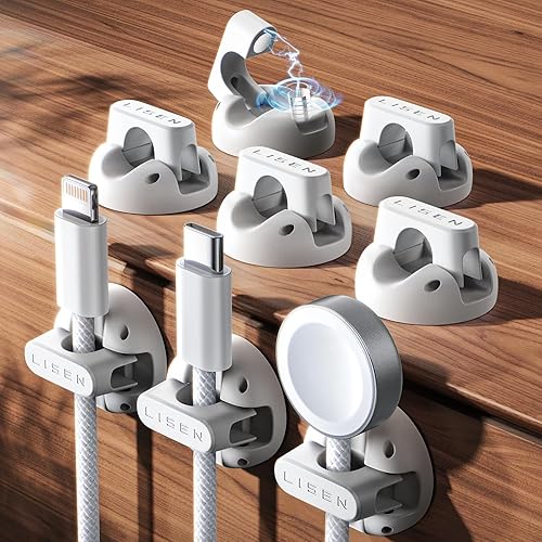 LISEN - Paquete de 8 clips magnéticos para cables, soporte para cables para mesita de noche suave ajustable, organizador adhesivo para cables debajo