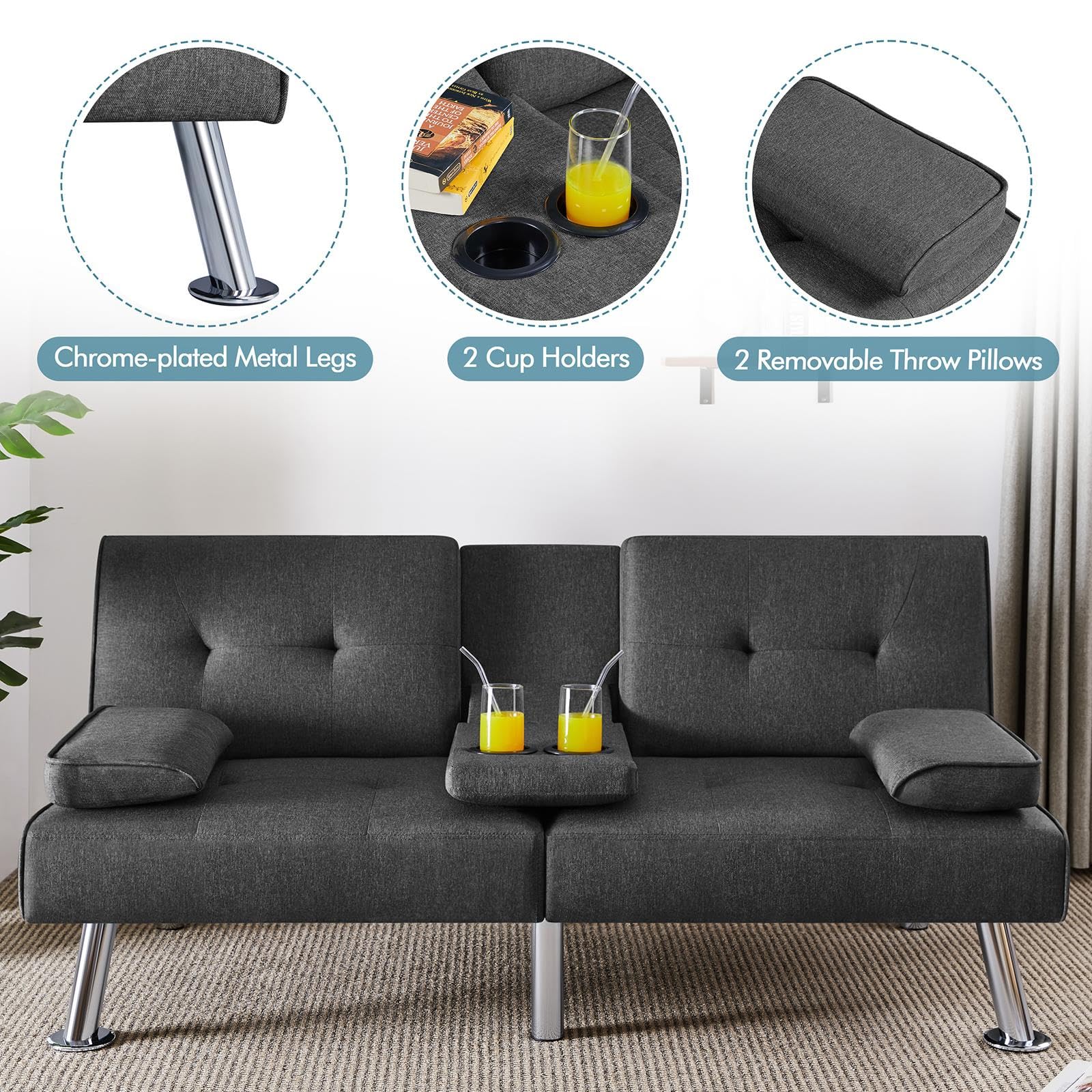 Yaheetech Convertible Sofa Bed Adjustable Fabric Couch Sleeper Modern Recliner Reversible Loveseat Folding Daybed Guest Bed, Removable Armrests, Cup Holders, 3 Angles, 772lb Capacity, Black: Yaheetech Convertible Sofa Bed Adjustable Fabric Couch Sleeper Modern Recliner Reversible Loveseat Folding Daybed Guest Bed, Removable Armrests, Cup Holders, 3 Angles, 772lb Capacity, Dark Gray