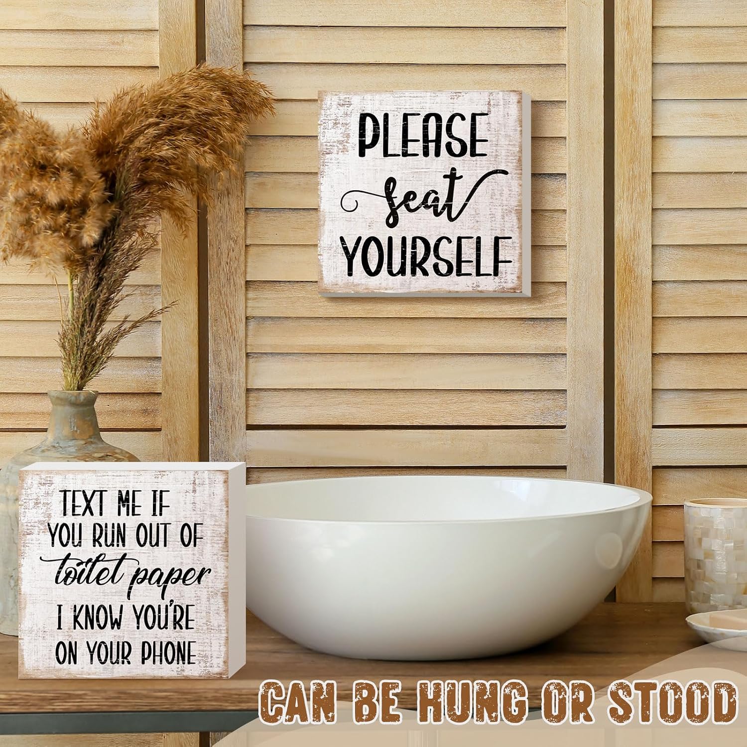 Jetec Set of 2 Farmhouse Bathroom Signs Decor Funny Rustic Wood Plaque Bathroom Wall Art Please Seat Yourself Wooden Toilet Signs for Home Restroom Shelves(Yellow)